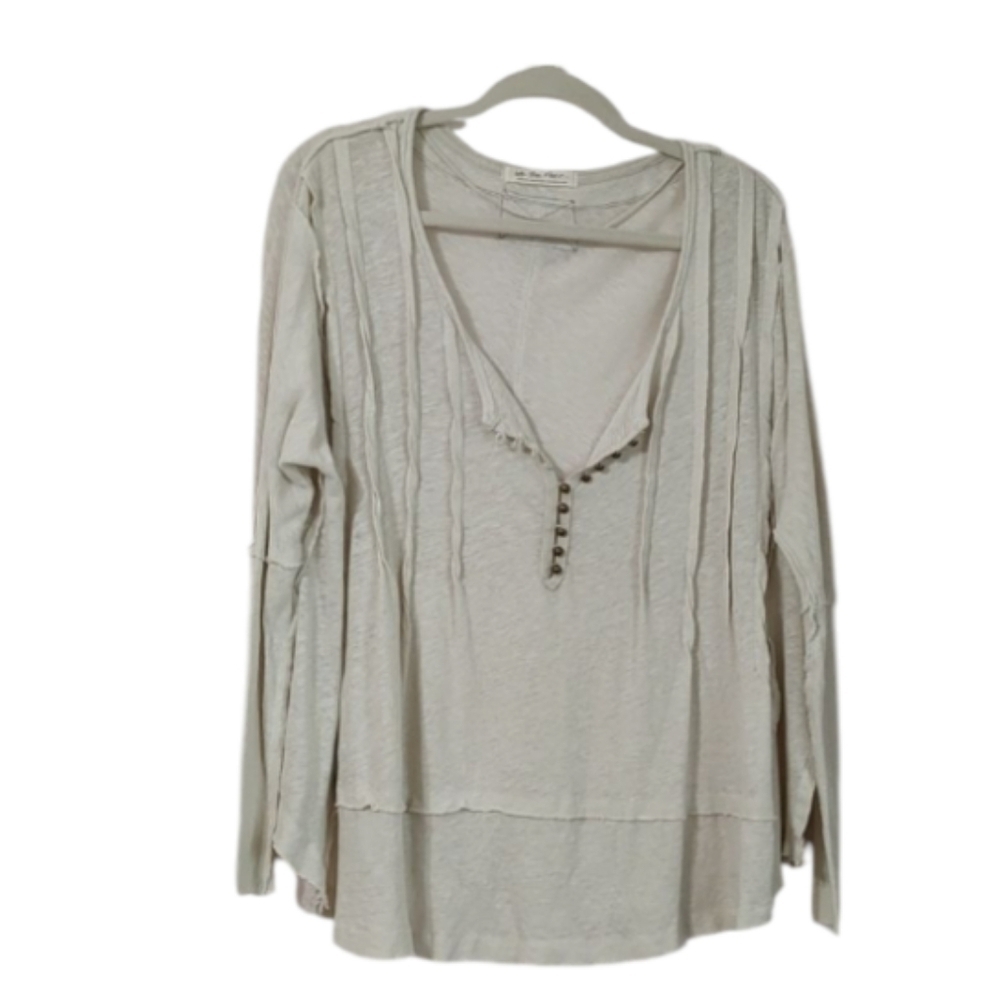 We The Free Melody Pintuck Linen and Cotton Henley Size M
